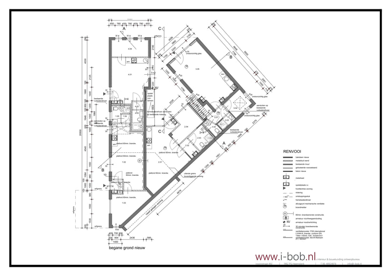 Bouwtekening plattegrond omgevingsvergunning verbouwing pizzeria tot 4 appartementen te Alkmaar.